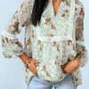 Green Floral Print Lace Crochet Trim Blouse