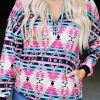 Multicolor Western Aztec Pattern Zipped Turn-down Collar Sweatshirt