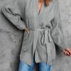 Gray Robe Style Rib Knit Pocketed Cardigan With Belt