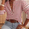 Red Striped Frill Trim Snap Button Top