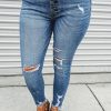 Sky Blue Plus Size High Rise Buttons Skinny Jeans