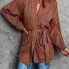 Brown Robe Style Rib Knit Pocketed Cardigan With Belt