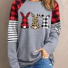 Gray Rabbit Graphic Buffalo Plaid Stripe Long Sleeve Top