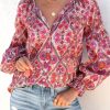 Rose Split Neckline Front Buttons Floral Print Blouse