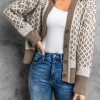 Brown Contrast Neckline Geometric Pattern Knitted Cardigan