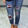 Red Plaid Patch Destroyed Skinny Jeans