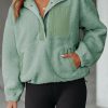 Green Half Button Pocketed Fleece Pullover Sweatshirt