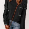 Black Contrast Stitching Trim Waffle Knit Pullover