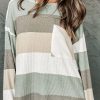 Green Color Block Ribbed Long Sleeve Top With Pocket