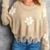 Khaki Daisy Pattern Knit Distressed Sweater