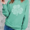 Green Leopard Clover Print Long Sleeve Sweatshirt