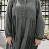 Plus Size Buttoned Long Sleeve Tiered Dress