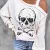 Beige Skull Print Cold Shoulder Long Sleeve Top