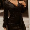 Black Sequin V Neck Draped Bodycon Short Dress