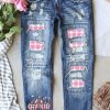 Sky Blue Pumpkin Print Plaid Patchwork Distressed Jeans