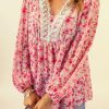 Pink Floral Print Lace Patchwork V Neck Blouse