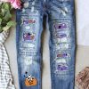 Sky Blue Halloween Pumpkin Pattern Patchwork Distressed Jeans