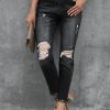 Black Distressed Raw Hem Button Mid Waist Jeans