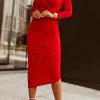 Red Long Sleeves Wrap V Neck Ruched Sheath Midi Dress