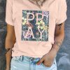 Pink PRAY Floral Print Rolled Short Sleeve T-shirt