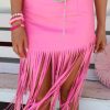 Pink Fringe Hemline Midi Skirt Without Belt