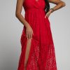 Red Lace V Neck Wrap Spaghetti Straps Maxi Dress