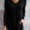 Black Solid Color V Neck Long Sleeve Knit Top