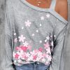 Gray Cherry Blossom Print Cold Shoulder Long Sleeve Top