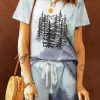 Sky Blue Forest Tie-dye Print Short Sleeve Lounge Set