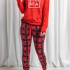 Red MAMA Print Top And Plaid Pants Lounge Set