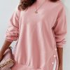 Pink Crew Neck Slit Buttons Sweatshirt