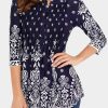 Navy Blue Floral Notch Neck Pin-tuck Tunic