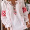 White Embroidered Patchwork V Neck Blouse