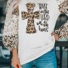 Beige Faith Corss Leopard Bishop Sleeve Pullover