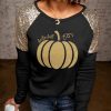 Black Hello Fall Pumpkin Glitter Pattern Print Sequin Contrast Top