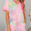 Pink Tie Dye T Shirt And Drawstring Shorts Lounge Set