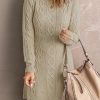 Beige Ribbed Waistband Knit Cable Pattern Sweater Dress