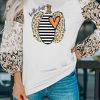 Beige Stripe Leopard Pumpkin Graphic Animal Block Sleeve Top