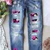 Sky Blue Floral Patchwork Distressed Straight Leg Jeans