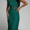 Green Flutter Sleeves Lace Lined Ruffled Midi Dress