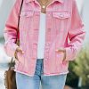 Pink Lapel Distressed Raw Hem Buttons Denim Jacket