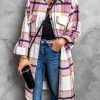 Pink Plaid Print Long Shirt Jacket