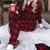 Red Plaid Print Long Sleeve Top And Pants Lounge Set