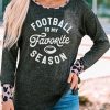 Black Rugby Letter Leopard Color Block Ribbed Long Sleeve Top