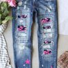 Sky Blue Floral Pattern Patchwork Distressed Boyfriend Jeans