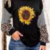 Sunflower Print Striped Leopard Long Sleeve Top