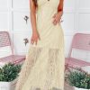 Beige Spaghetti Straps Chemise Lined Lace Maxi Dress