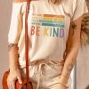 Beige Casual Letter Print Colorblock Drawstring Graphic Tee And Drawstring Short Set