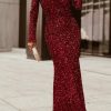 Red Sequin Off Shoulder Long Sleeve Evening Gown