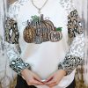 Beige Wild Fall Pumpkin Graphic Leopard Sleeve Top